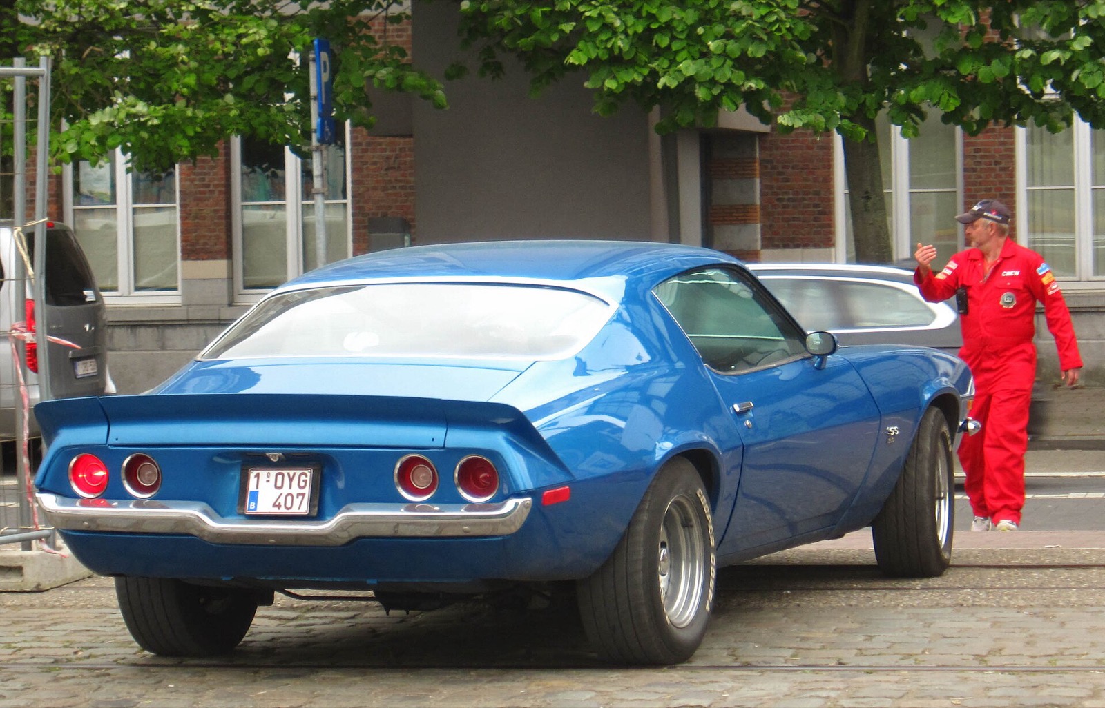 Blue early-second-gen Camaro SS, rear