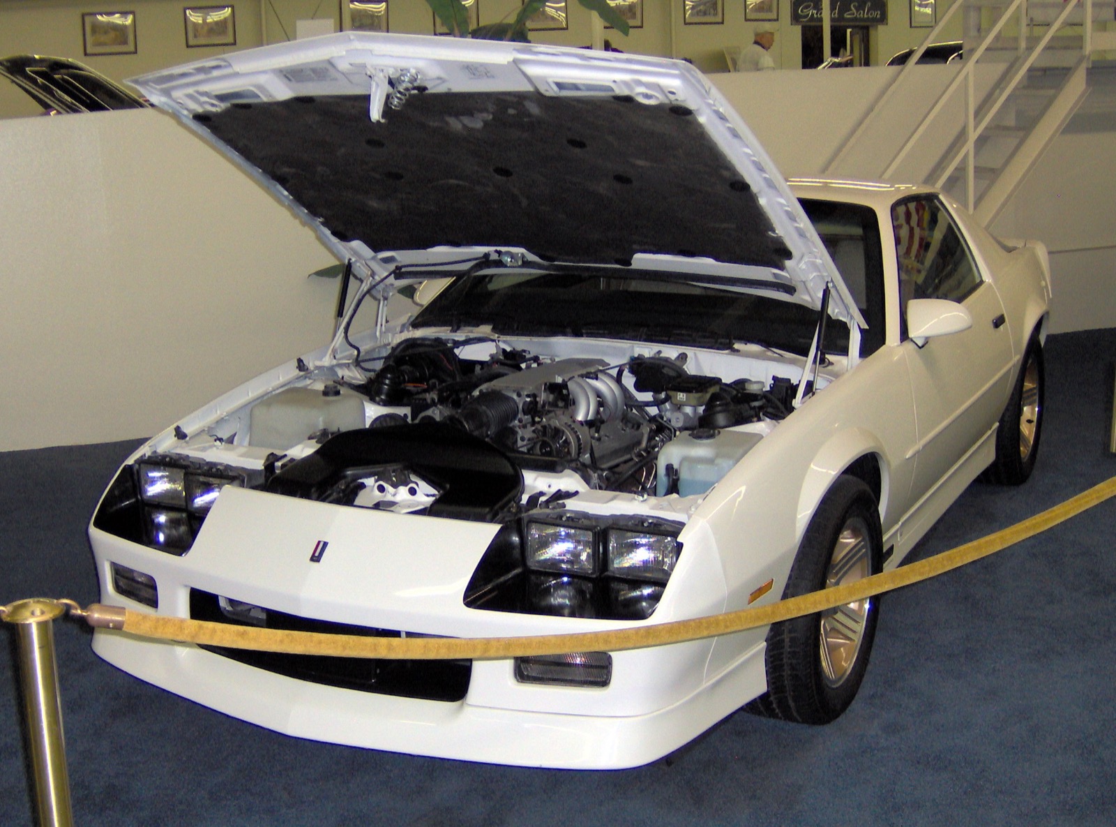 White 1989 Camaro IROC-Z 1LE on museum display