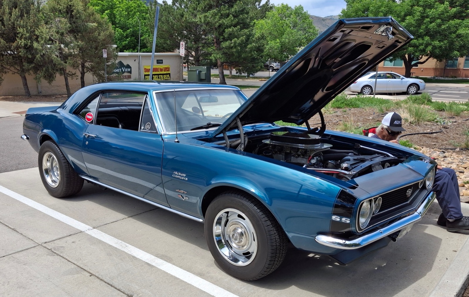 Blue 1967 Camaro SS with a Nickey fender badge, hood open over a 427 big-block